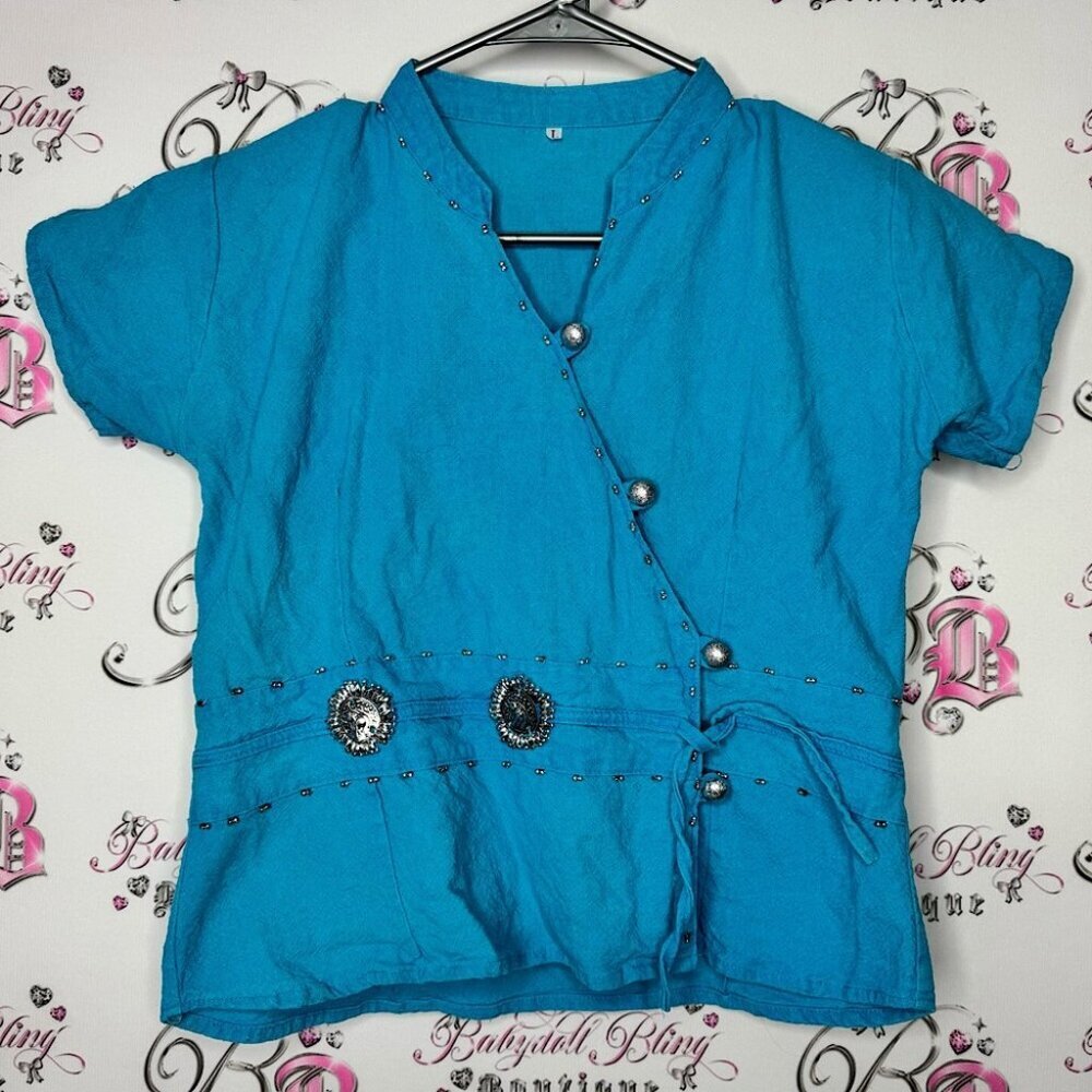 Wrap shirt Thailand elephants buttons silver wrap style Thai tshirt top blue